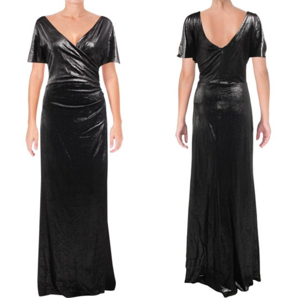 Ralph Lauren Womens Black Gathered Short Sleeve V Neck Maxi Dress